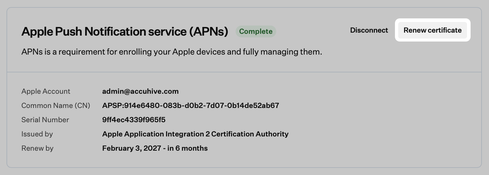 Apple integrations tab showing Renew certificate button under APNs for certificate renewal