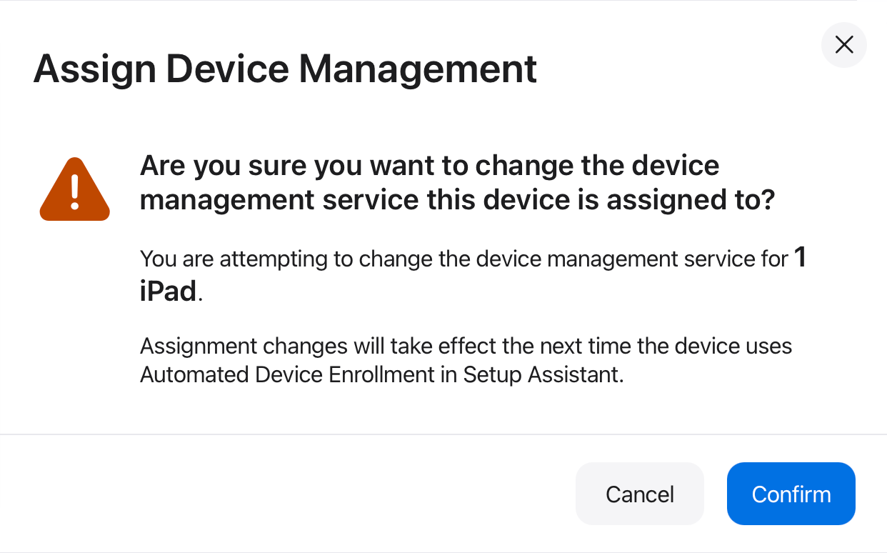Apple TV confirm change of MDM server assignment dialog