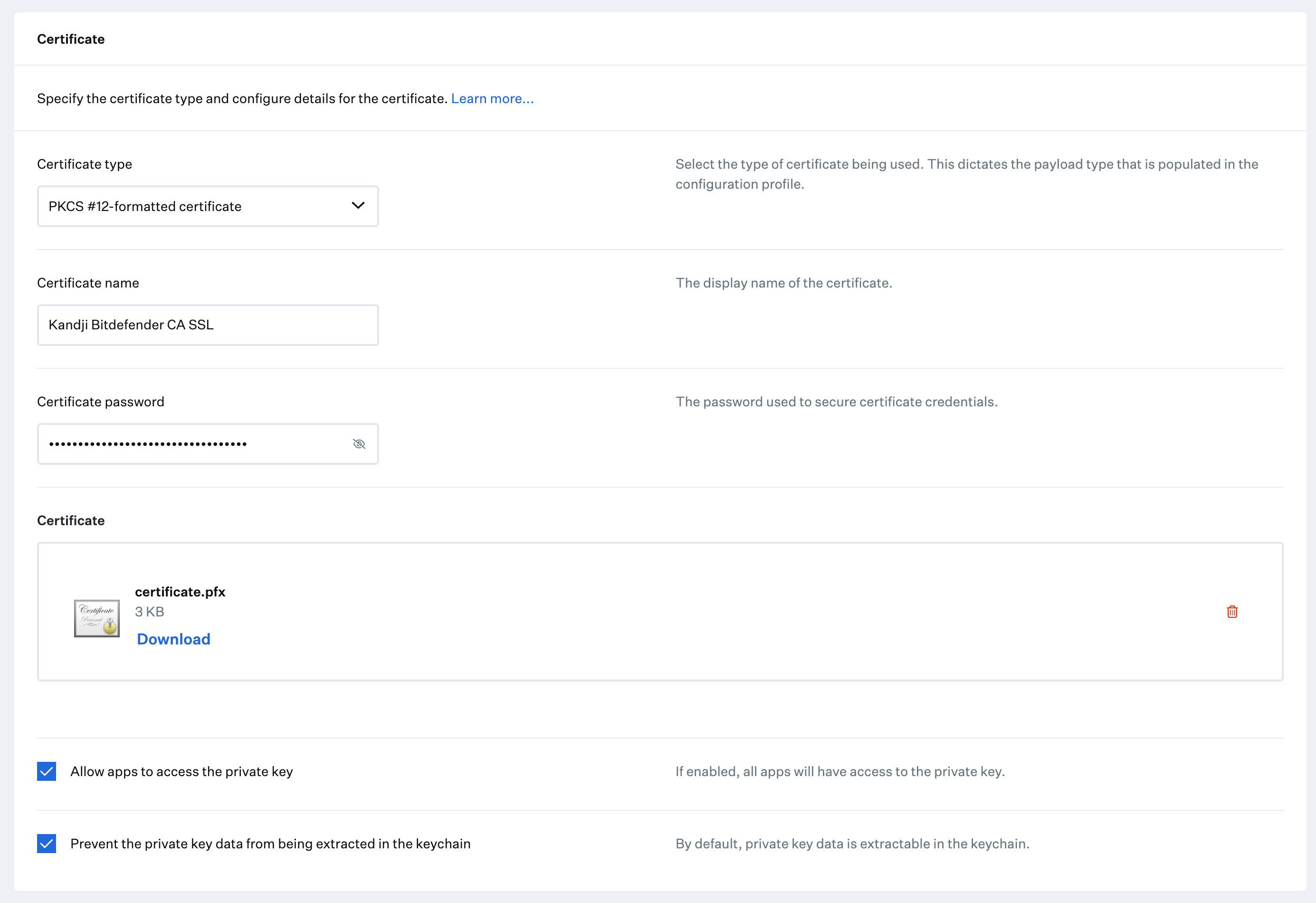 Certificate Library Item with PKCS #12 certificate.pfx uploaded