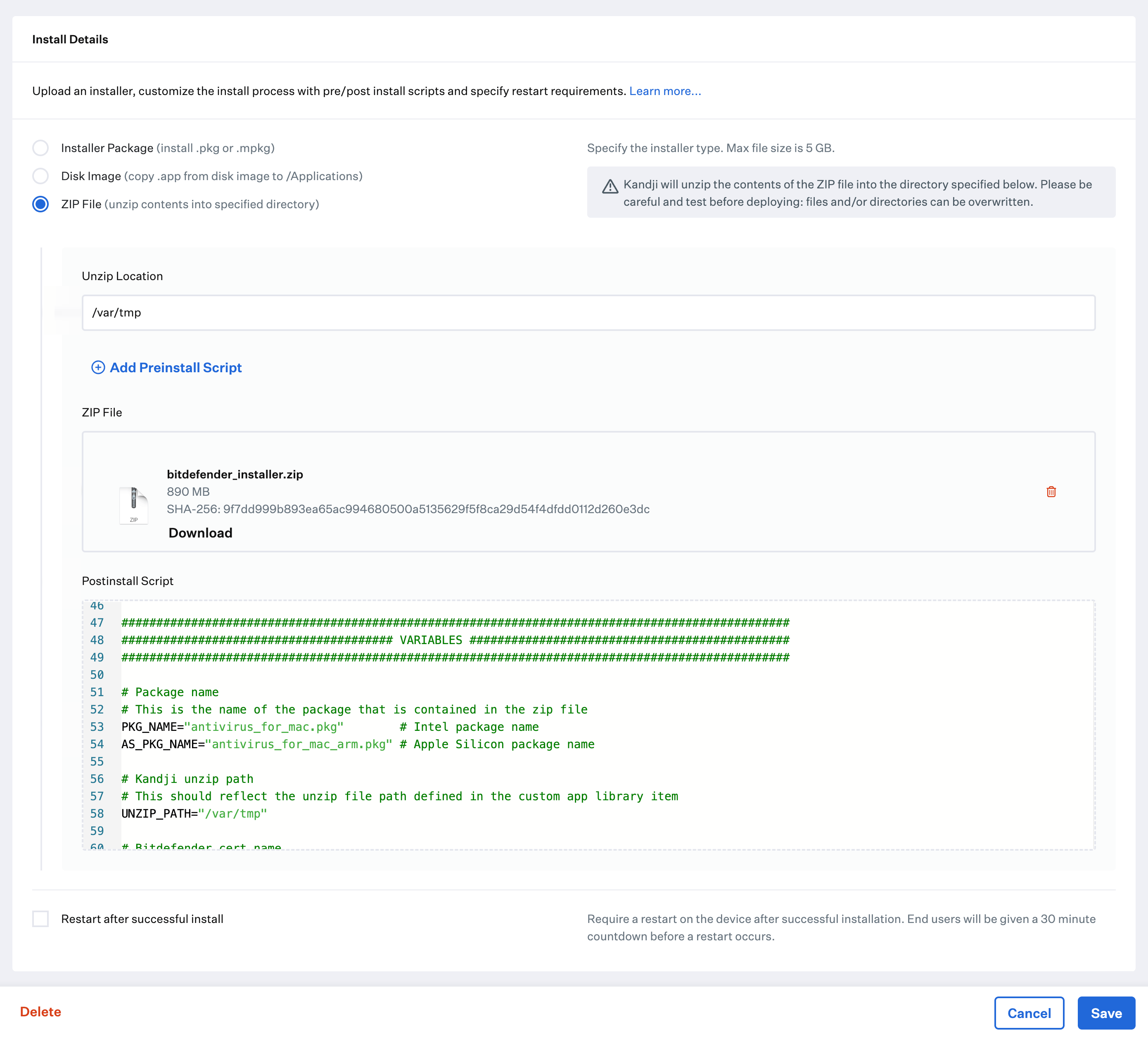 Custom App ZIP install with Bitdefender postinstall script