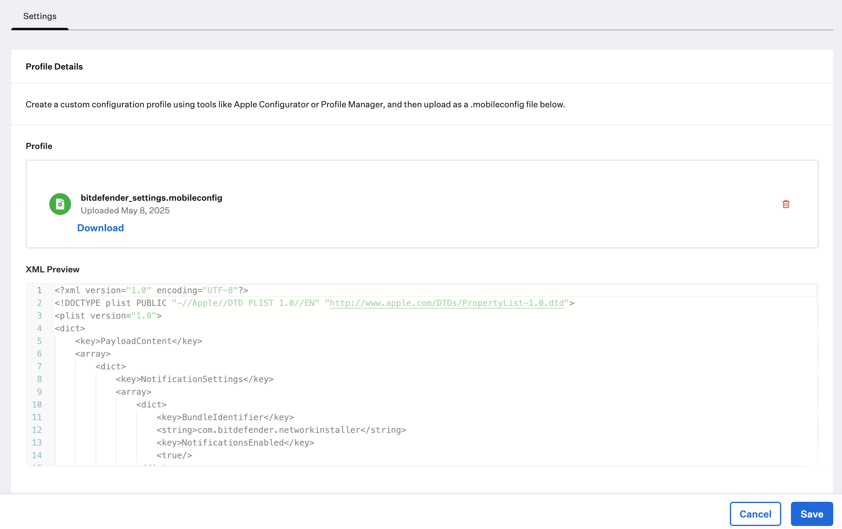 Custom Profile with bitdefender_settings.mobileconfig uploaded