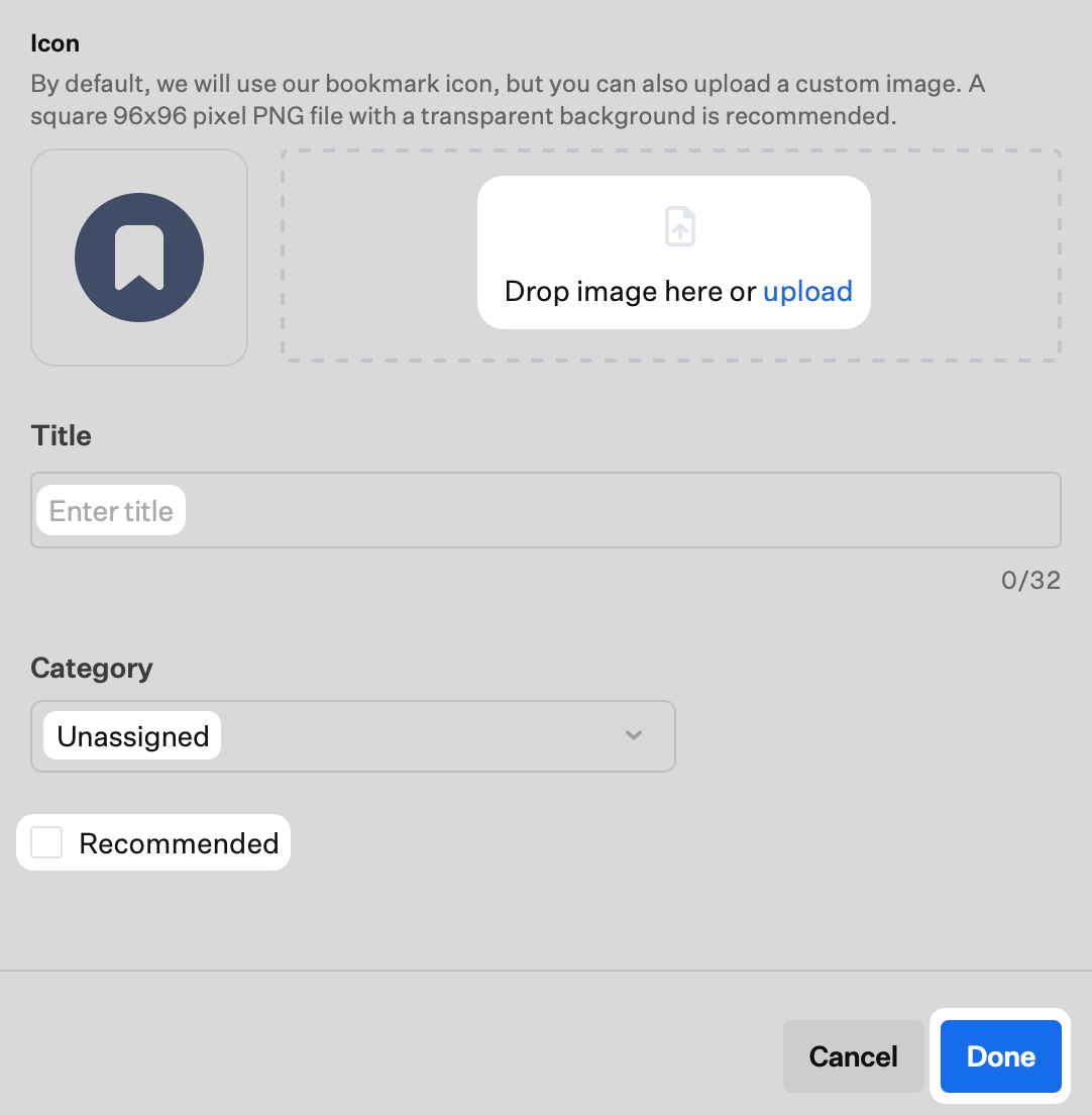 Add Bookmark form showing Icon, Title, Category, and Recommended options