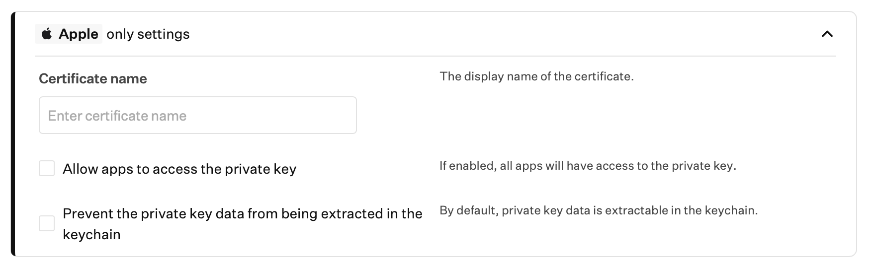 PKCS 12 Apple only settings with Certificate name and private key options