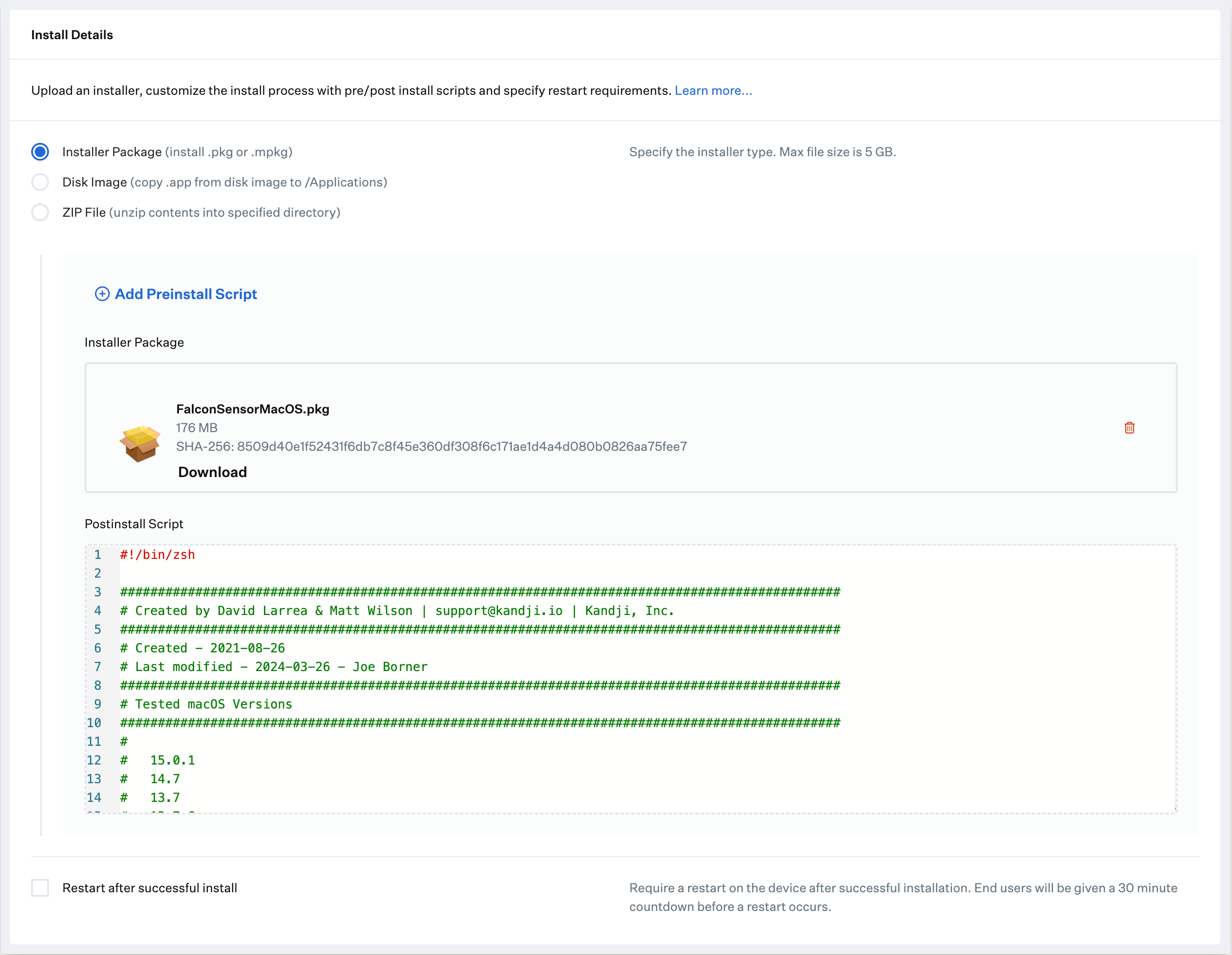 Custom App postinstall script for CrowdStrike FalconSensorMacOS.pkg