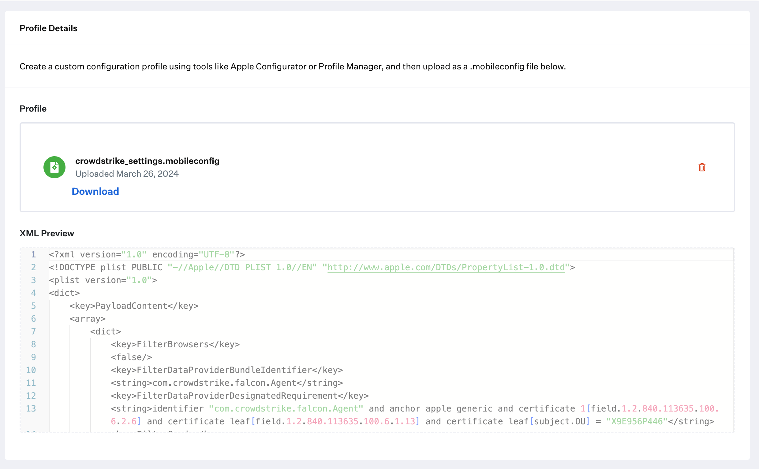 Custom Profile with crowdstrike_settings.mobileconfig uploaded