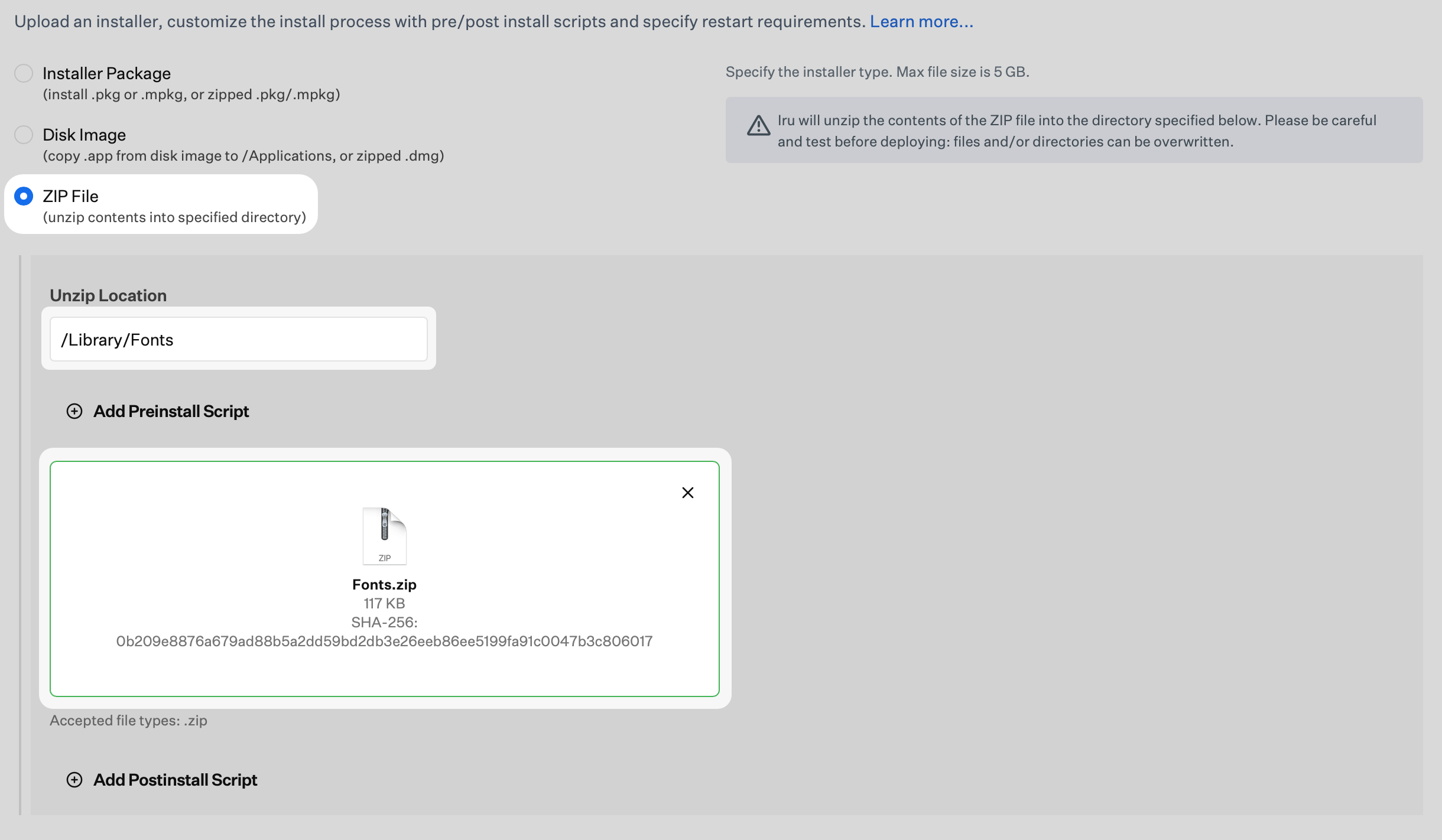 Custom App with ZIP File install type selected, Unzip Location set to /Library/Fonts, and Fonts.zip uploaded