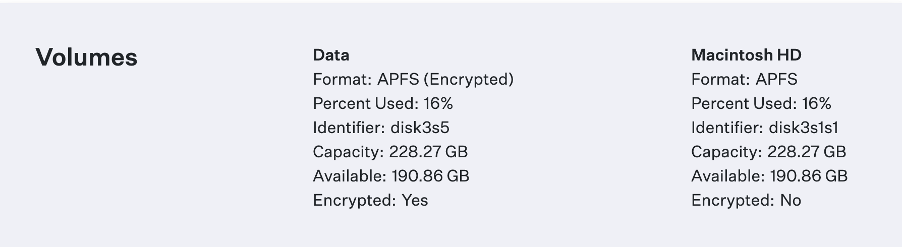 Device Details Volumes showing APFS Data volume Encrypted Yes