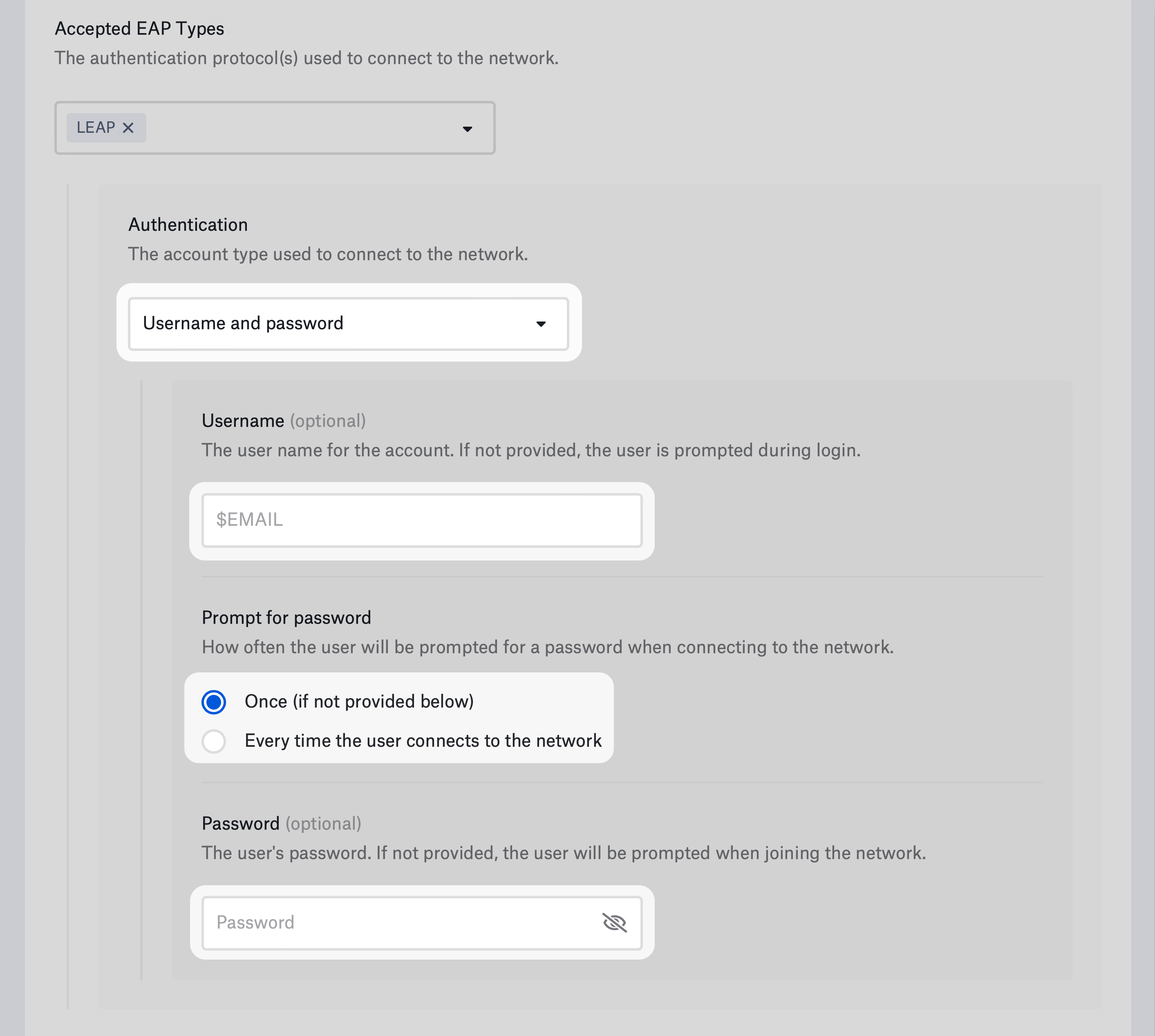 EAP-LEAP username and password authentication