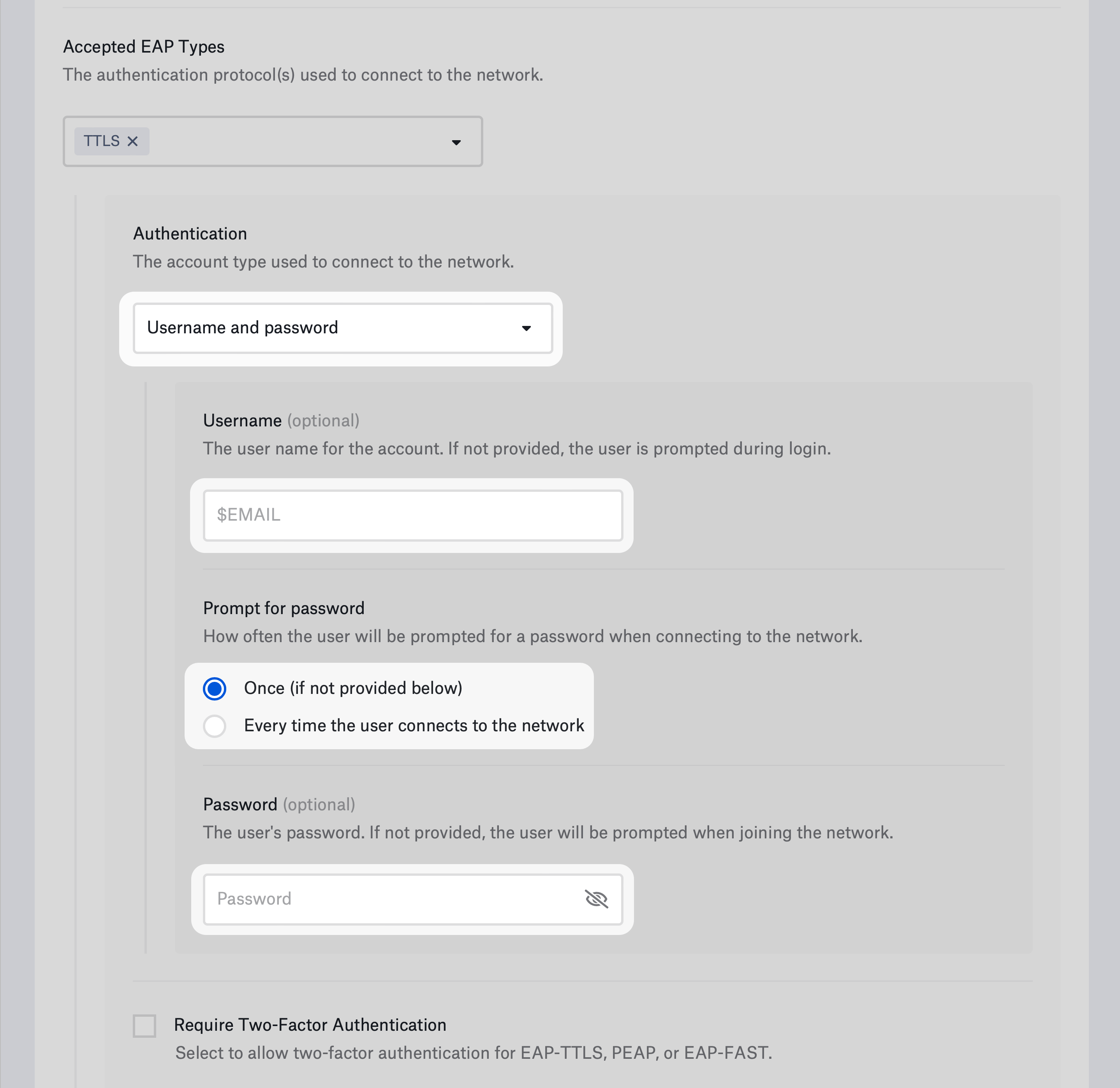 EAP-TTLS username and password authentication