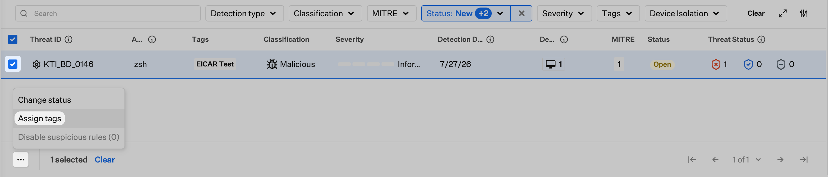 Assign tags option and tag list for threat detection
