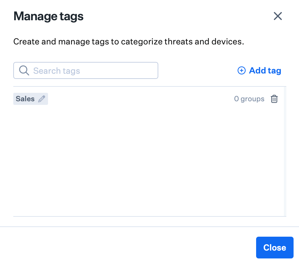 Manage tags modal for creating and managing threat and device tags