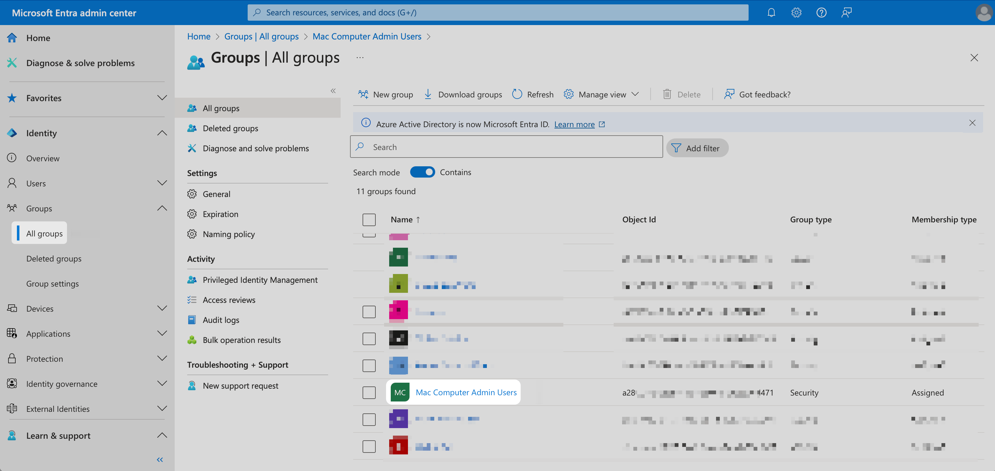 Entra ID All groups list with Mac Computer Admin Users