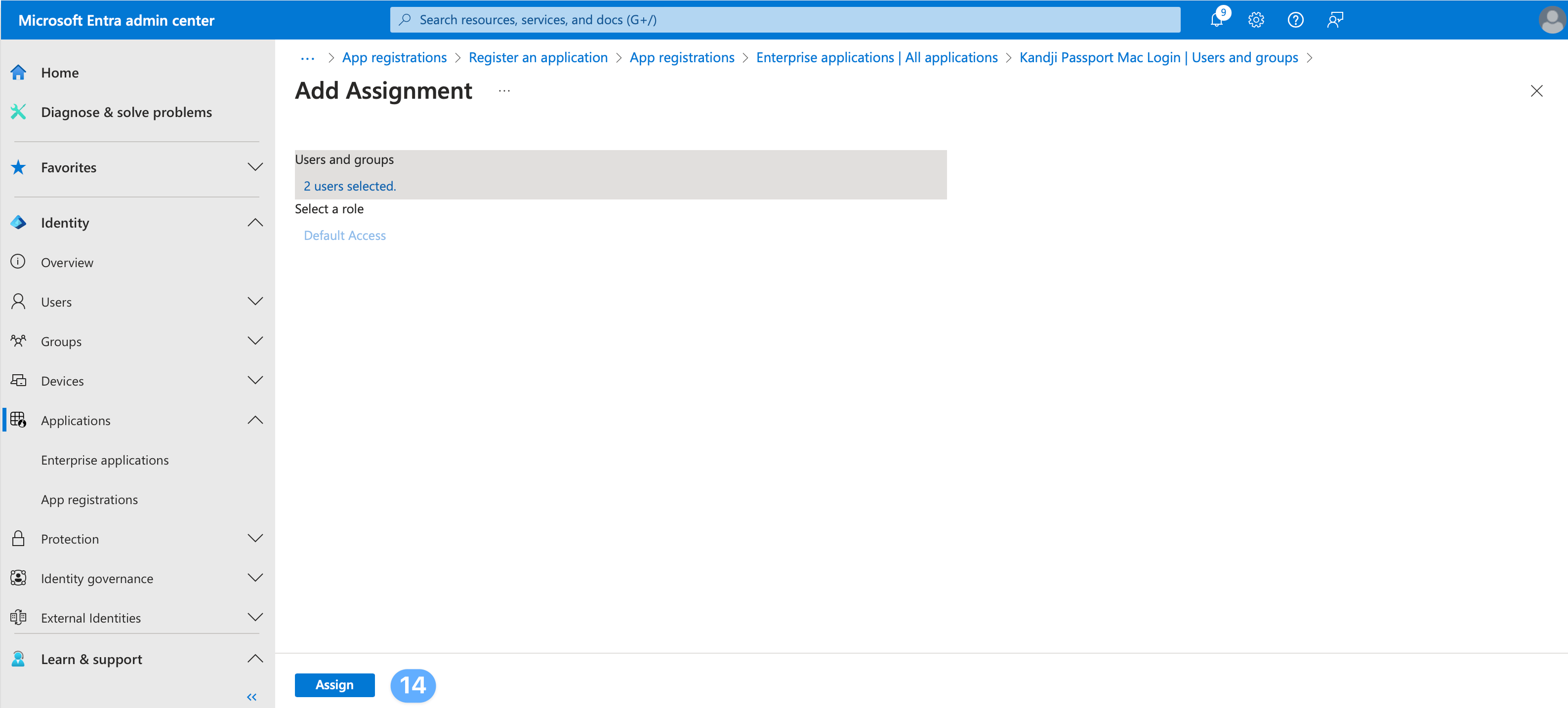 Entra ID Add Assignment with users selected and Assign button