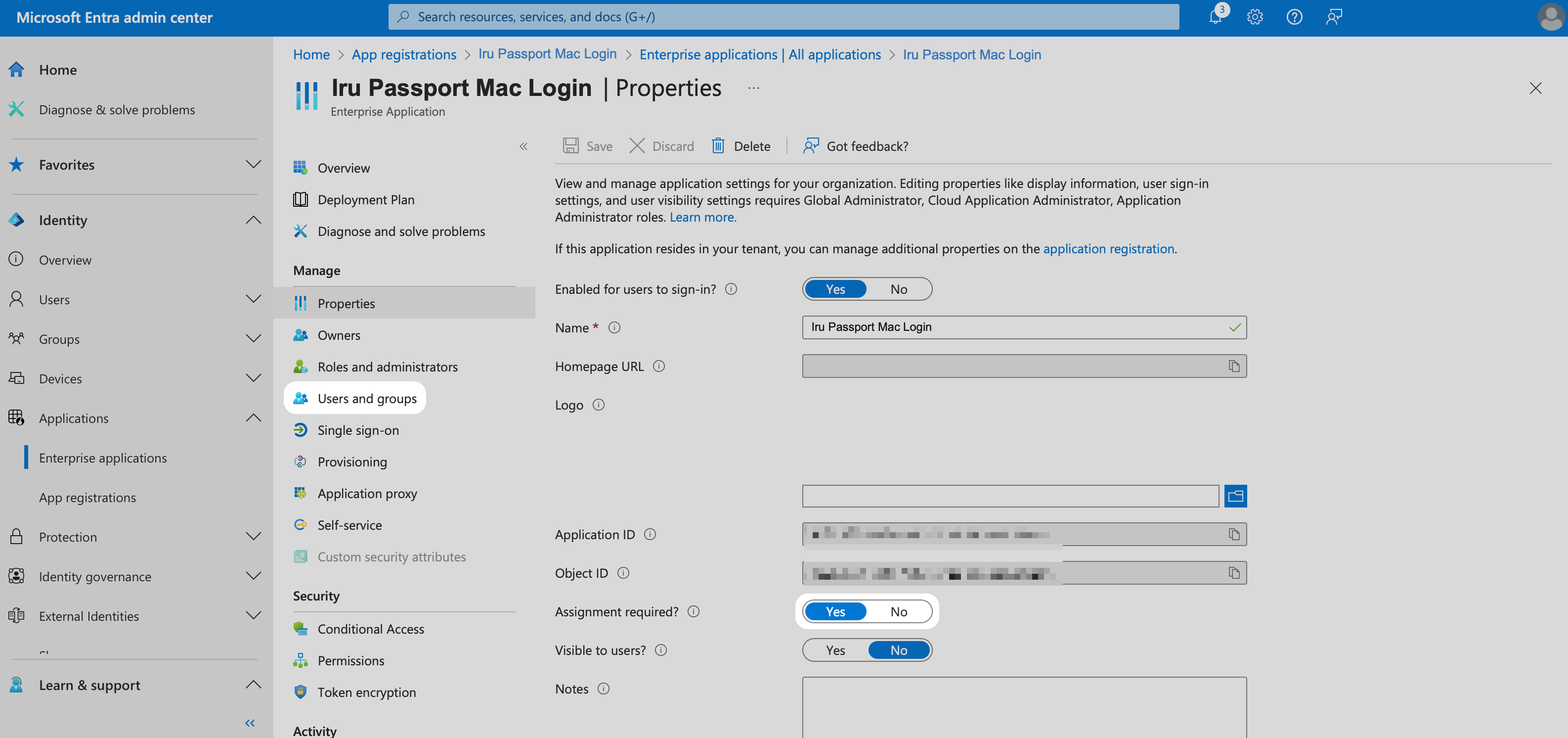 Entra ID Passport Properties with Assignment required Yes and Users and groups