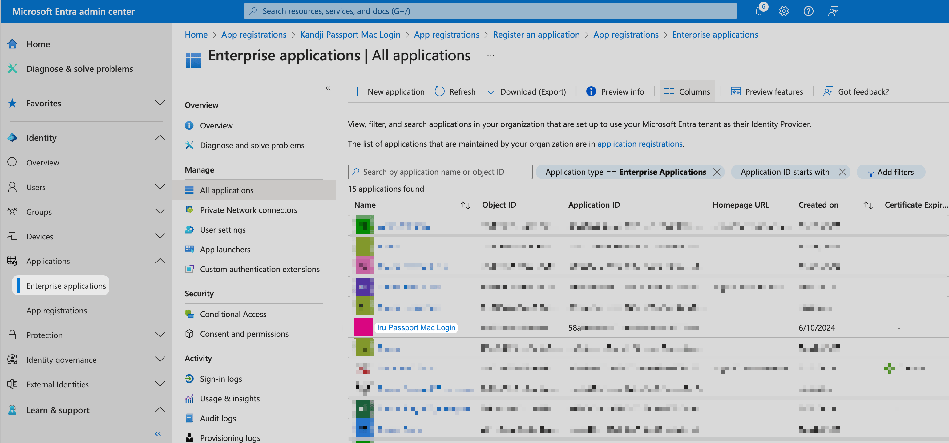 Entra ID Enterprise applications list with Iru Passport Mac Login