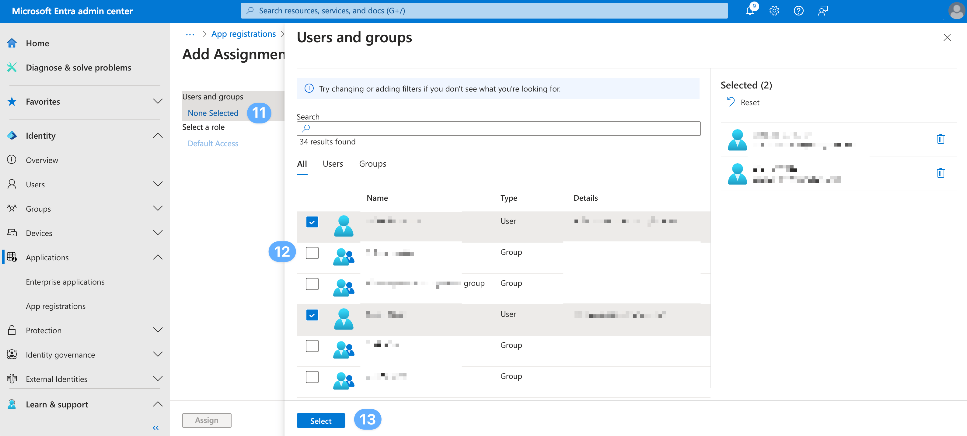 Entra ID Add Assignment Users and groups picker with Select