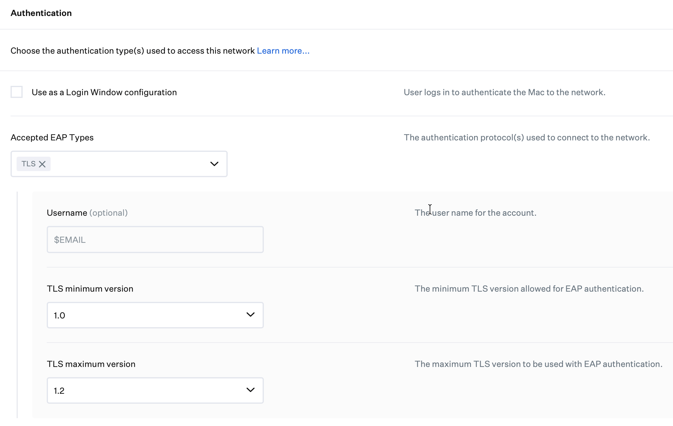 Ethernet Library Item authentication settings with Accepted EAP Types