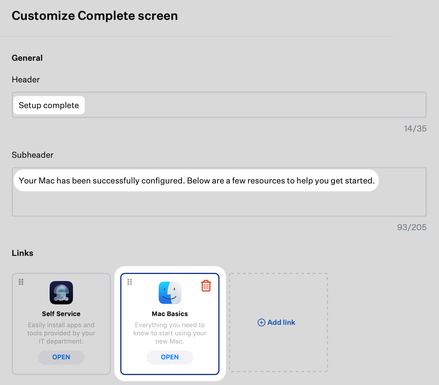 Customize Complete screen showing Header, Subheader, and Links