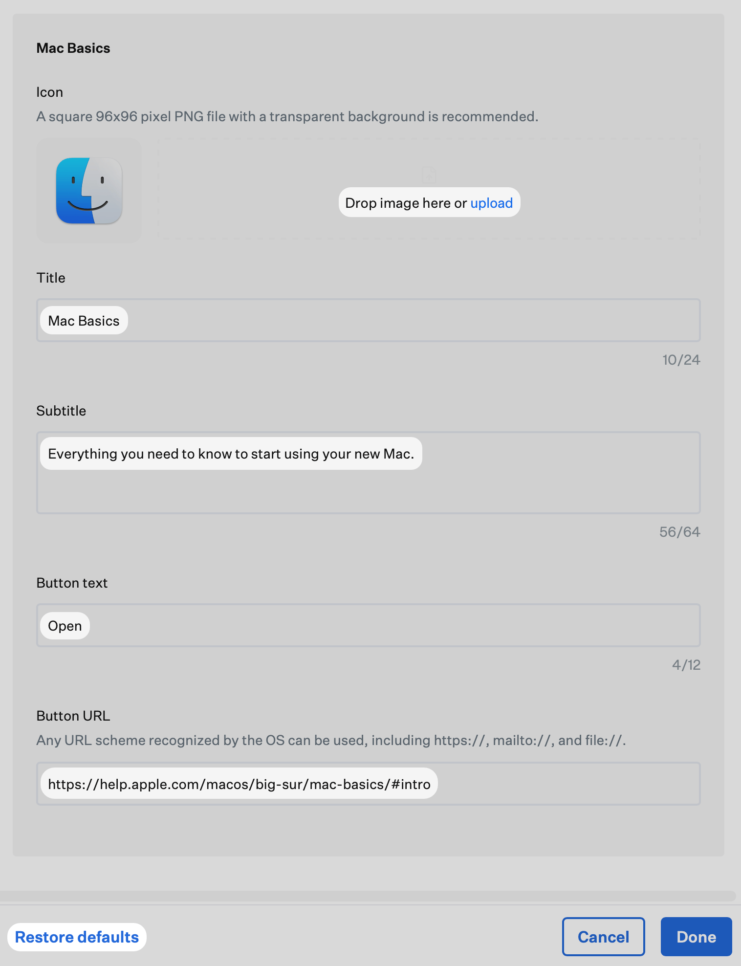 Customize Complete screen link settings for Mac Basics including Icon, Title, Subtitle, Button text, and Button URL