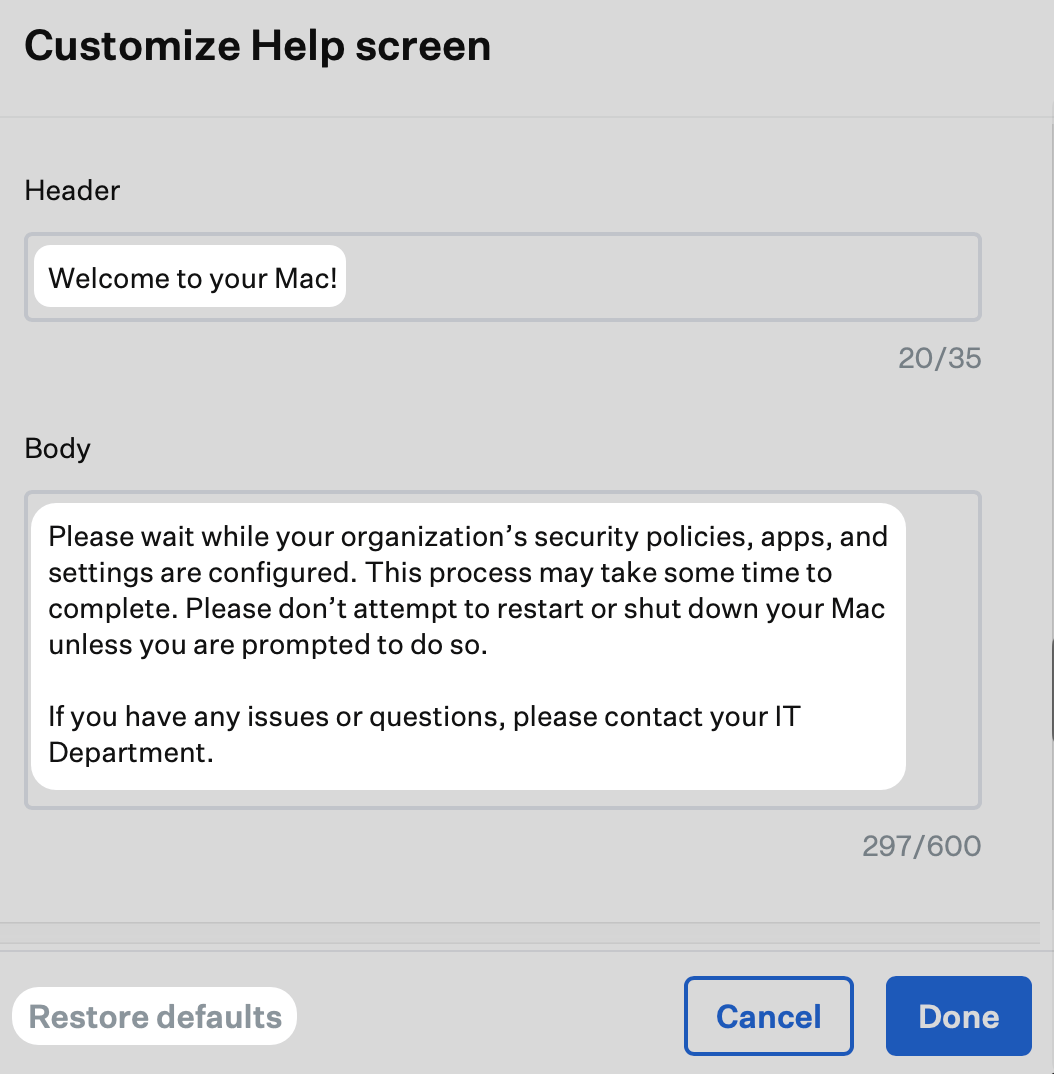 Customize Help screen with Header, Body, Restore defaults, and Done