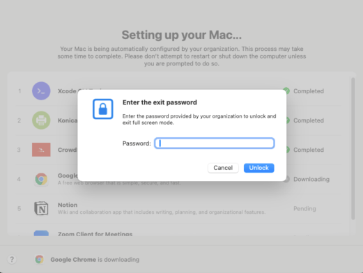 Liftoff Enter the exit password dialog to unlock full screen access