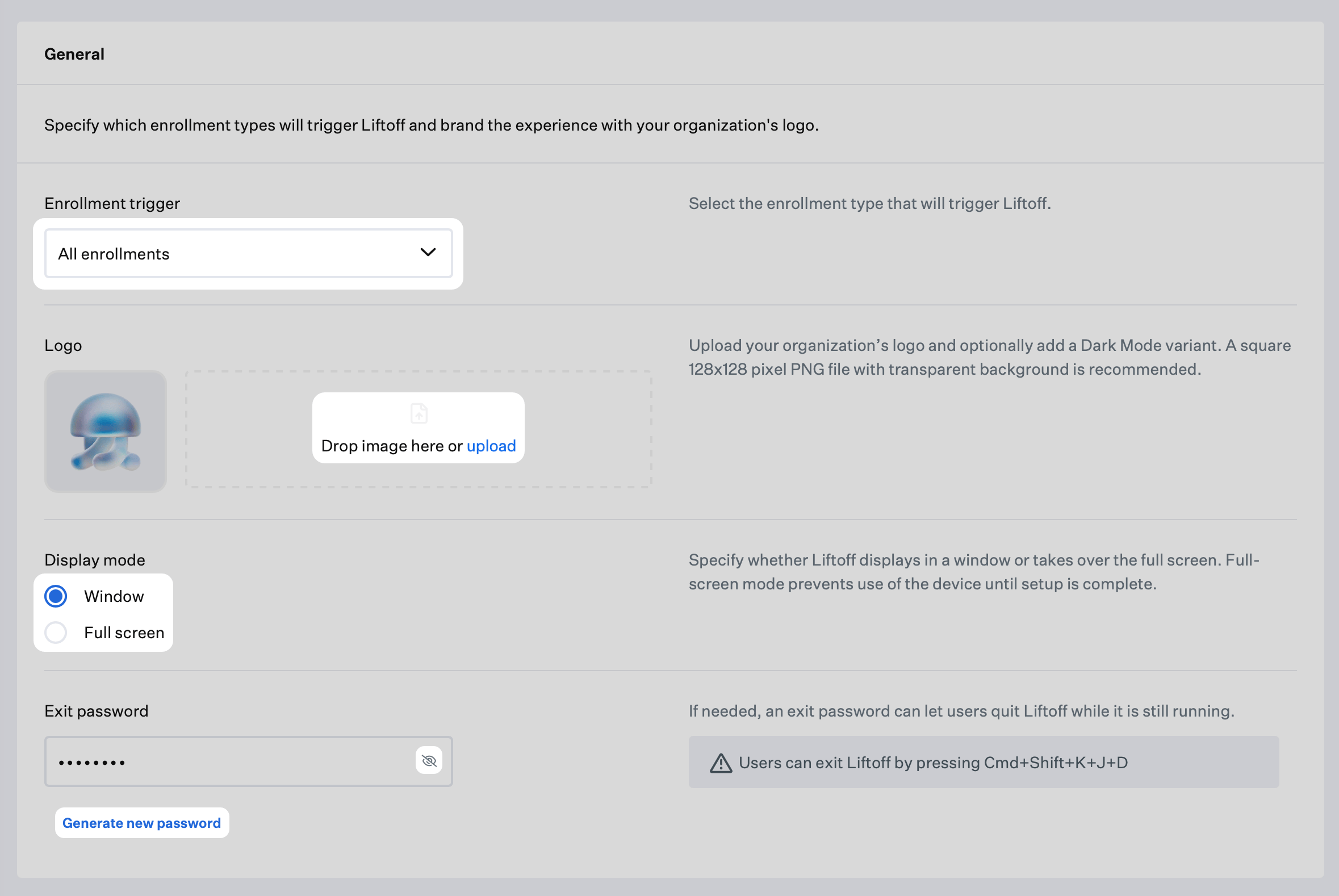 Liftoff General settings including Enrollment trigger, Logo, Display mode, and Exit password