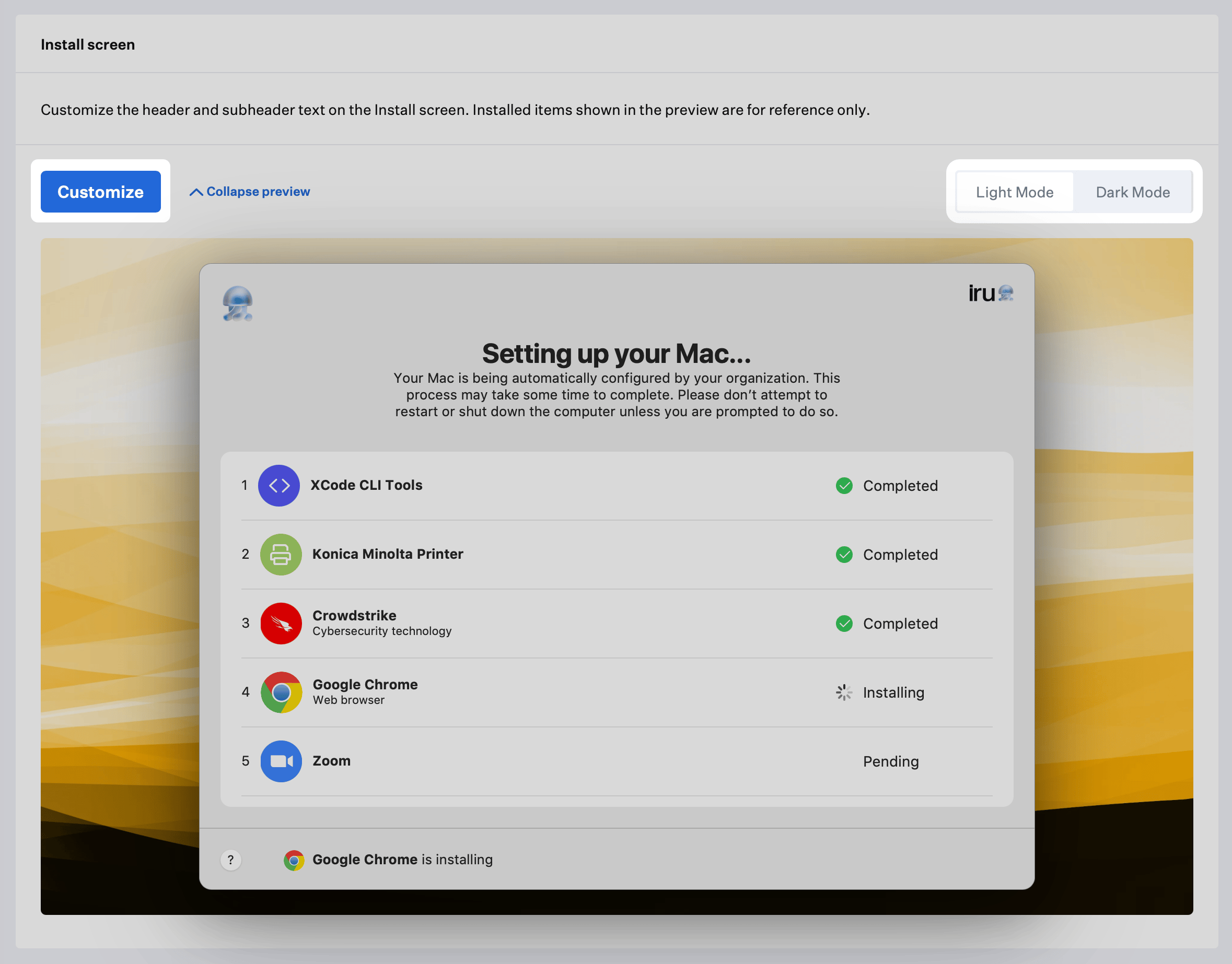 Liftoff Install screen with Customize and Light Mode preview