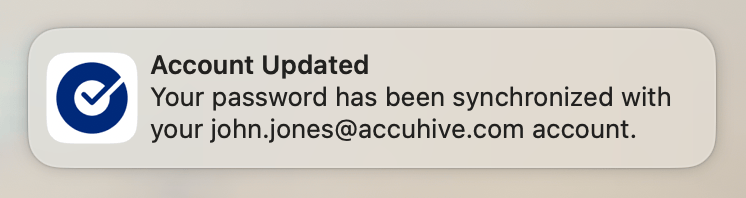 Okta Desktop Password Sync success notification confirming that the password has been updated successfully