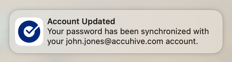 Okta Desktop Password Sync success notification confirming that the password has been synchronized successfully