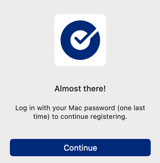 Okta Desktop Password Sync authentication prompt showing the Continue button to proceed with password synchronization