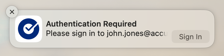Okta Desktop Password Sync authentication required notification showing the Sign In button for password updates