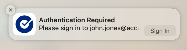 Okta Desktop Password Sync sign-in notification showing the Sign In button that needs to be clicked to authenticate