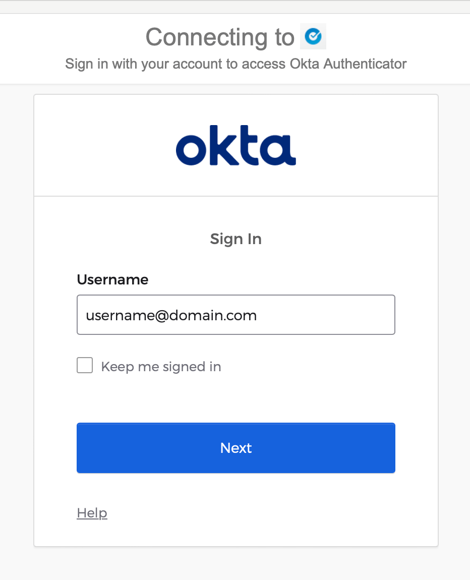Okta login page in web browser showing the username and password fields where users need to authenticate with their Okta credentials