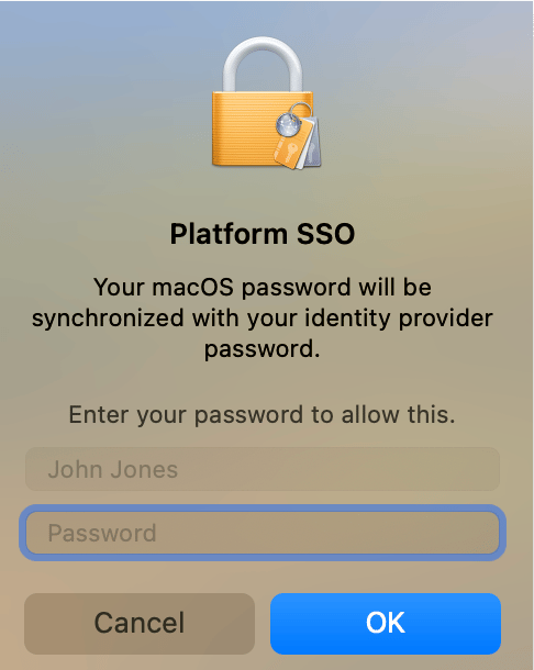 macOS password prompt dialog showing the password field where users need to enter their current computer password for Okta Desktop Password Sync registration