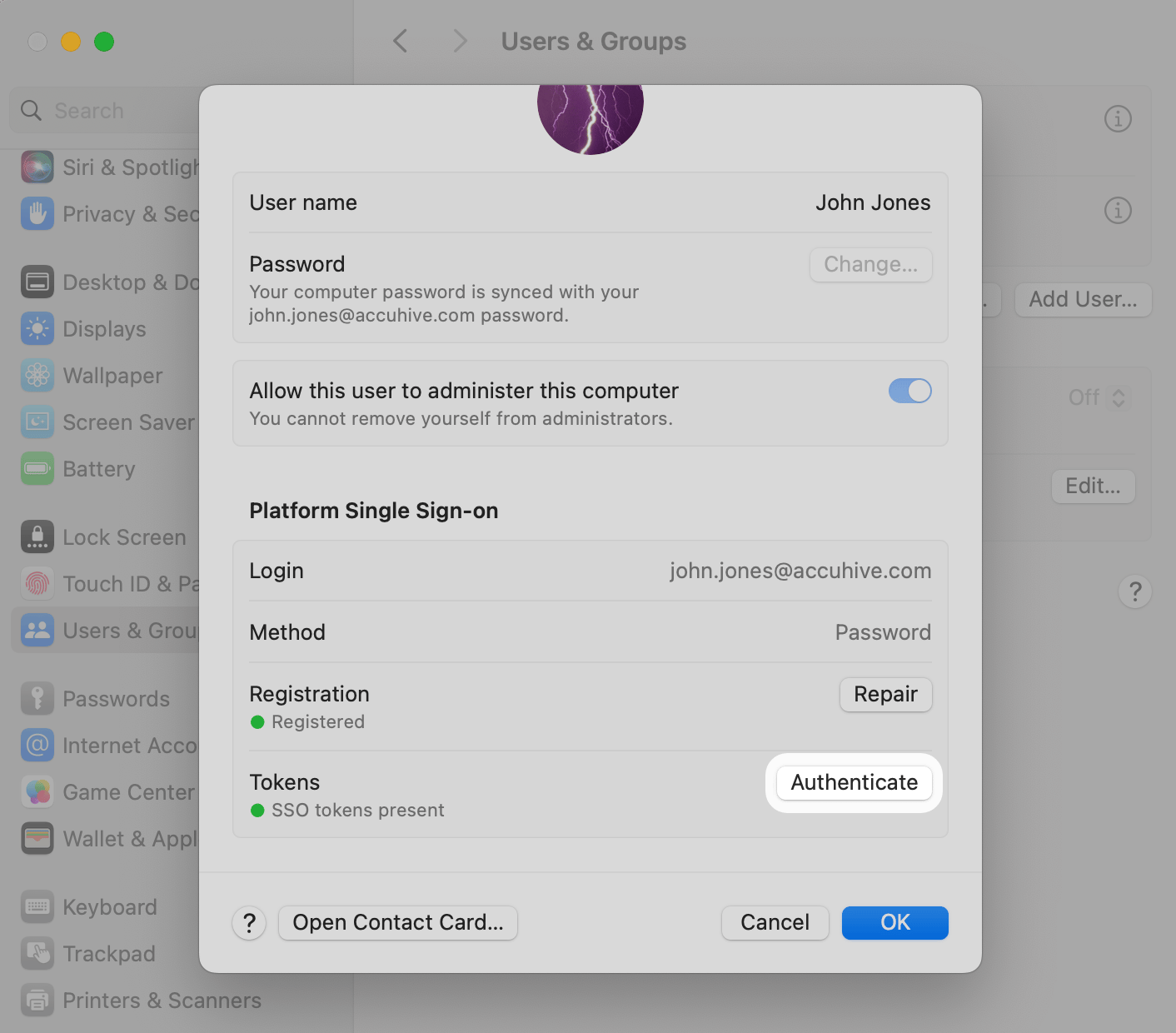 macOS System Settings user details page showing the Platform Single Sign-on section with the Authenticate button that needs to be clicked