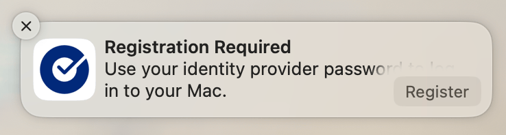 Okta Desktop Password Sync registration notification showing the Registration Required message and Register button that needs to be clicked to start the setup process