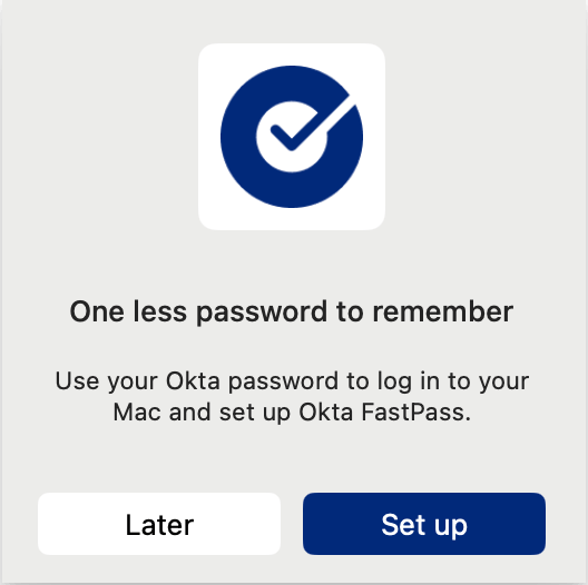 Okta Verify setup popup window showing the Set up button that needs to be clicked to begin the Okta Verify configuration process