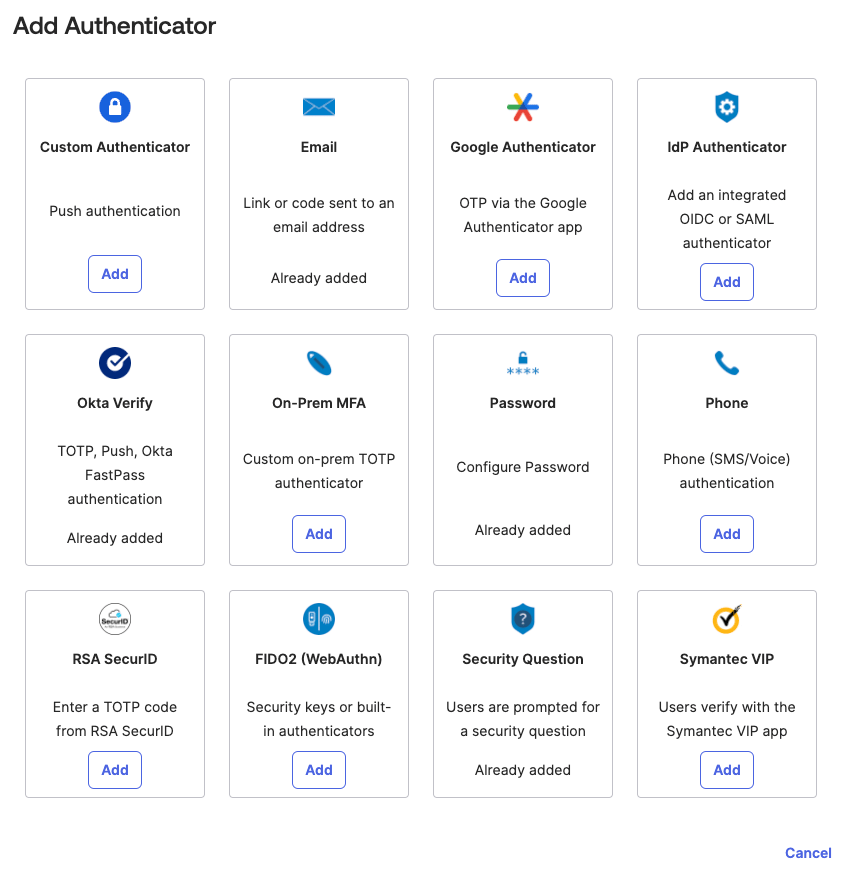 Okta Add Authenticator list
