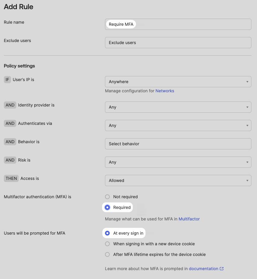 Okta Add Rule Require multifactor authentication