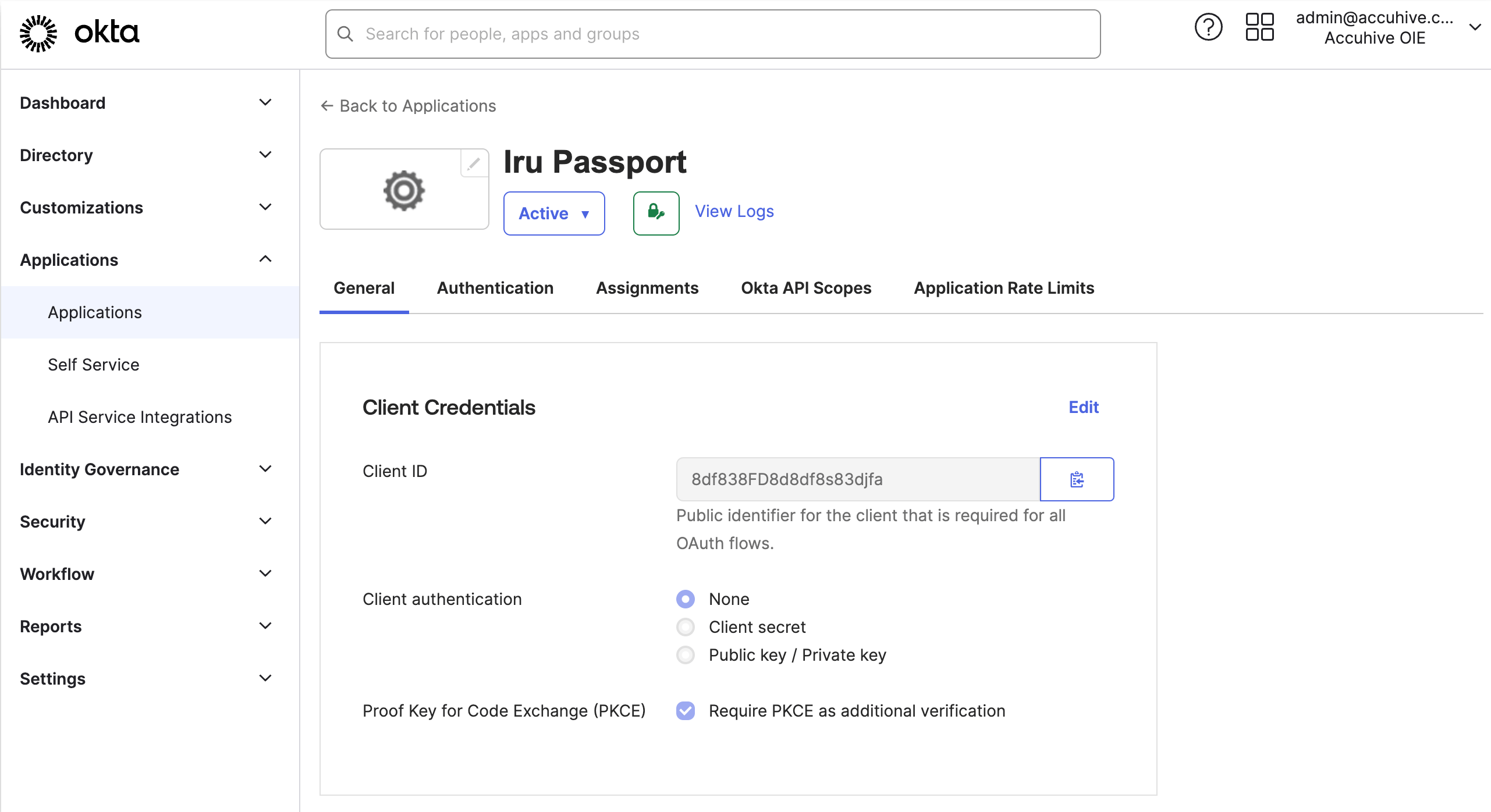 Okta Passport Client ID on General tab