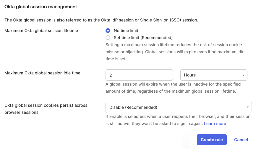 Okta Create rule for global session management