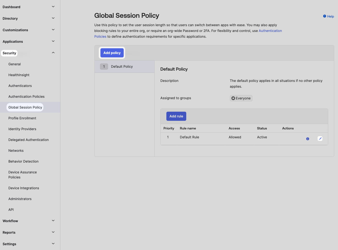 Okta Global Session Policy Default Rule