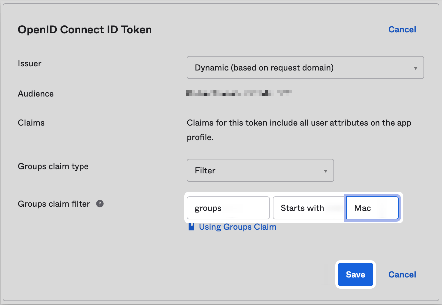 Okta Groups claim filter Starts with Mac