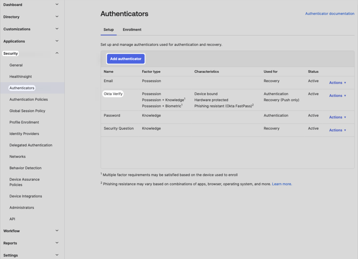 Okta Security Authenticators with Add authenticator