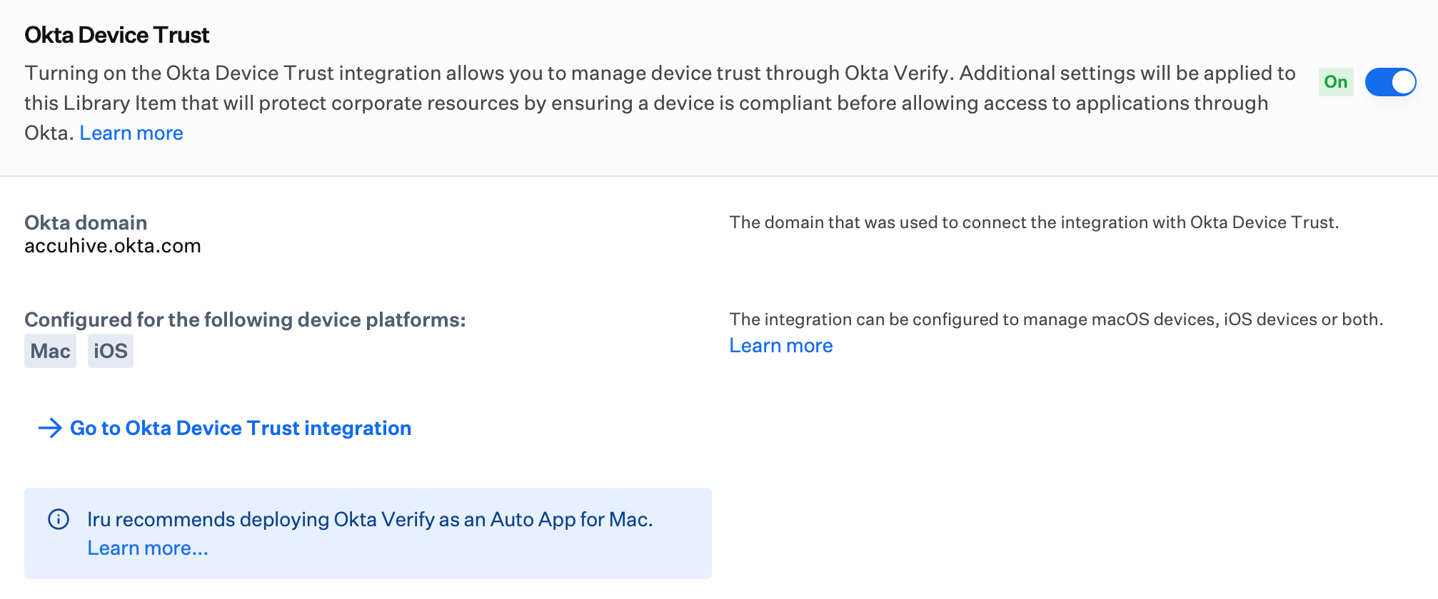 Okta Verify Library Item showing ODT configuration with device families and Okta domain
