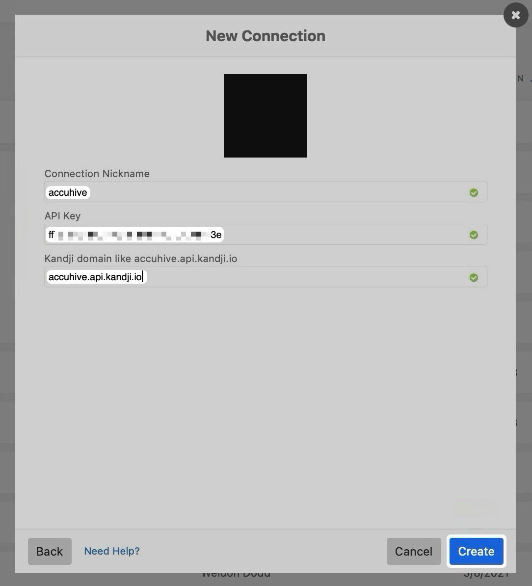 Okta Workflows connection configuration form showing the Connection Nickname, API key, and Iru Endpoint domain fields filled out with the Create button ready to be clicked