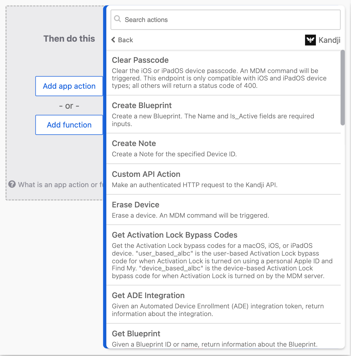 Okta Workflows connector card selection interface showing available Iru Endpoint action cards that can be selected for the workflow