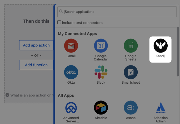 Okta Workflows My Connected Apps section showing Iru Endpoint as an available connected app that can be selected for workflow actions