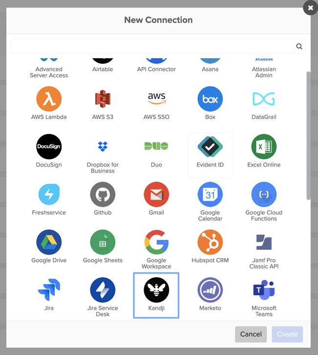 Okta Workflows New Connection window showing the list of available connectors with Kandji highlighted for selection