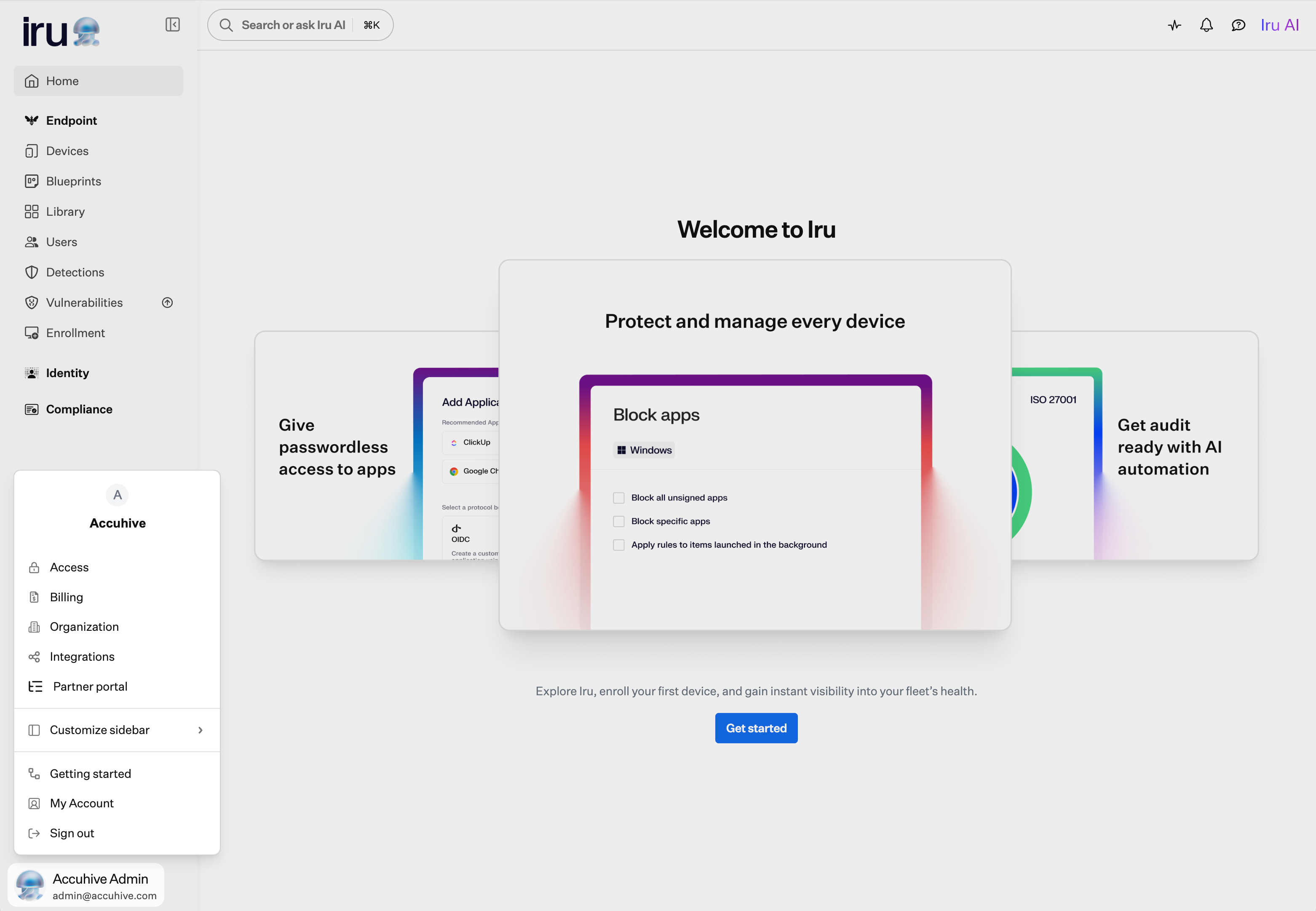 Account menu open at the bottom of the left navigation showing Access, Billing, Organization, Integrations, and other options